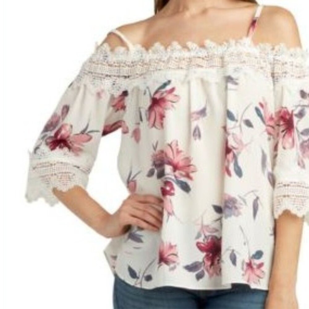 NWT By & By Floral Print Cami Blouse SZ Small Lace Trim White Pink Navy